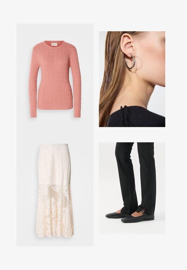 Pulover din tricot cu model cablu, de culoare roz deschis, cu guler rotund și mâneci lungi. Modelul texturat adaugă profunzime. Branding subtil pe piept.; Fusta midi din dantelă florală în crem; caracteristici de design stratificat cu secțiuni transparente, dantelă texturată și tiv evazat.; Balerini din piele neagră, cu vârf ascuțit, curea cu cataramă argintie, asortați cu pantaloni negri tailoring cu tiv despicat.; Cercel din argint cu un finisaj polișat, având detalii mici din aur și o formă rotundă, purtat pe lobul urechii.