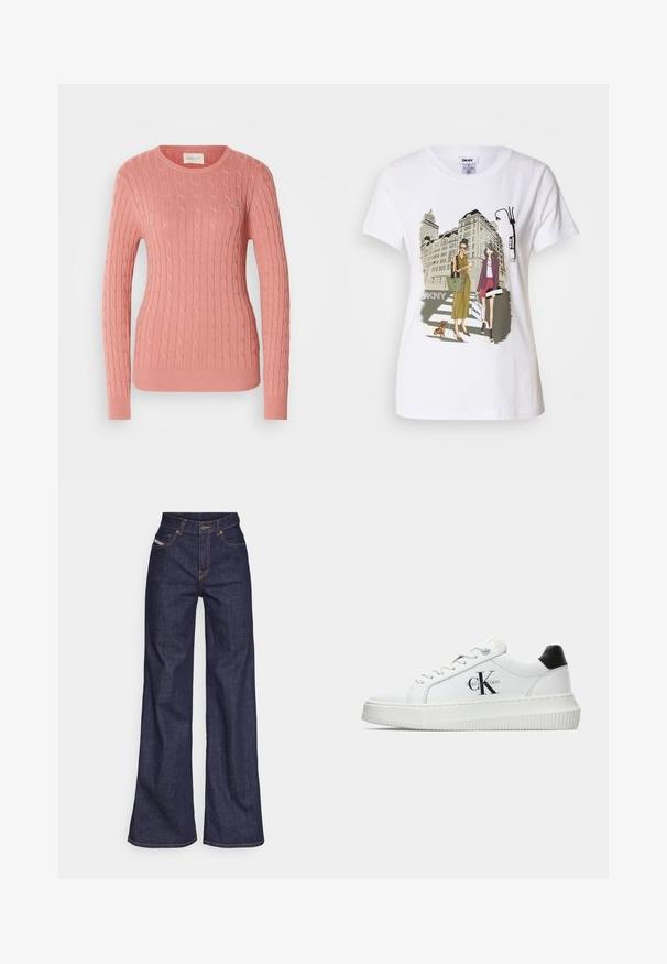 Kabelstrikket genser i myk rosa, med rund hals og lange ermer. Det teksturerte mønsteret gir dybde. Subtil merking på brystet.; Hvit bomulls T-skjorte med trykt illustrasjon av to kvinner i urbane motestiler med en hund på et fotgjengerfelt og bybygninger.; Mørkeblå vide jeans i denim med høy midje, med oransje sømmer, fem-lomme-design og knappelukking.; Hvite lavsko med svart hæltab, plattformsåle, snøringer og Calvin Klein "CK" logo på siden.
