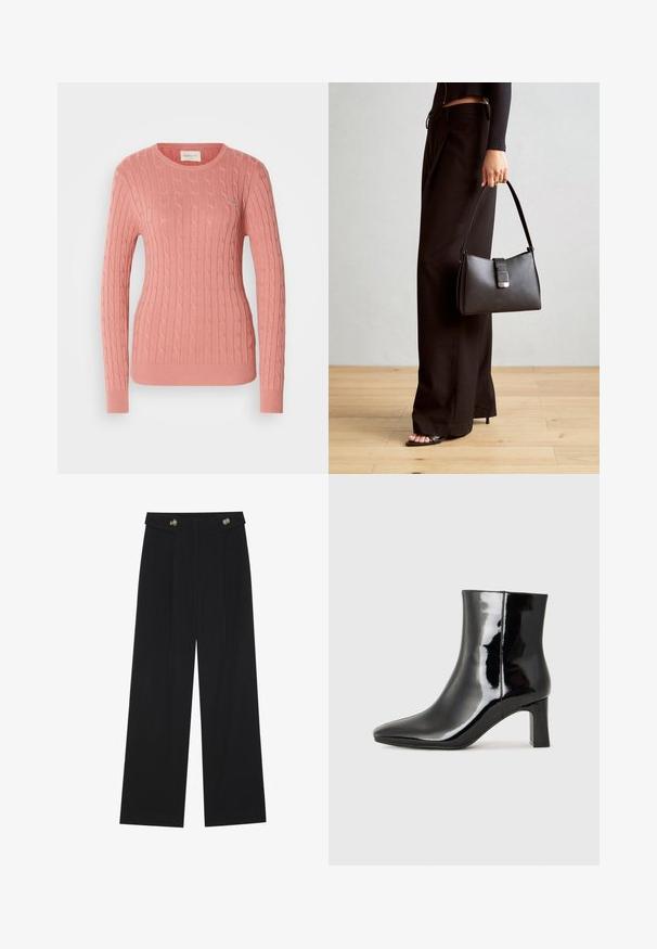 Cable-knit sweater in soft pink, featuring a round neckline and long sleeves. The textured pattern adds depth. Subtle branding on the chest.; Black wide-leg trousers with high waist, button details on waistband, and front pleats.; Black patent leather ankle boot with a pointed toe and a mid-height block heel. Smooth texture and minimalist design.; Black handbag with structured shape, smooth texture, and a metallic clasp. Paired with wide black pants and open-toe sandals on wooden floor.