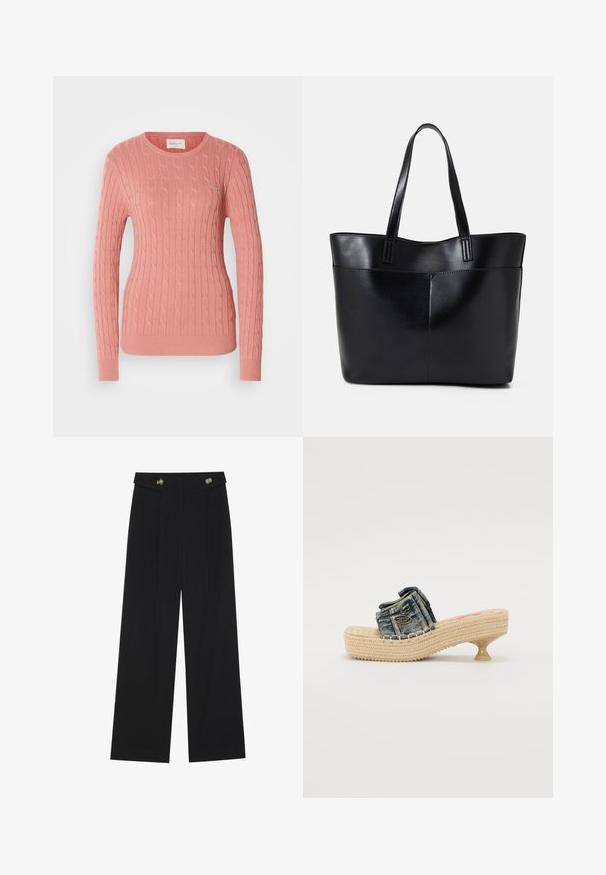 Cable-knit sweater in soft pink, featuring a round neckline and long sleeves. The textured pattern adds depth. Subtle branding on the chest.; Black wide-leg trousers with high waist, button details on waistband, and front pleats.; Denim slide sandal with woven platform and small heel. Features decorative stitching and a metallic accent on the upper strap.; Black leather tote bag with two long handles, a smooth texture, and a structured shape. Features a front pocket for additional storage.