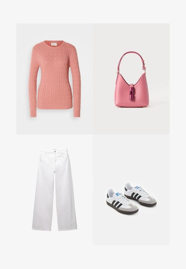 Maglione a trecce di colore rosa tenue, con scollatura rotonda e maniche lunghe. Il motivo testurizzato aggiunge profondità. Branding discreto sul petto.; Jeans bianchi a gamba larga realizzati in denim. Presentano chiusura con bottone, tasche anteriori e posteriori, e cuciture rinforzate. Tessuto liscio con dettagli minimi.; Scarpe sportive con tomaia in pelle bianca, punta in suede grigia e tre strisce nere. Presentano un logo blu sulla linguetta e una suola in gomma testurizzata.; Borsa in pelle rosa con una forma strutturata, caratterizzata da una chiusura lucida e una sola tracolla regolabile. Finitura texturizzata con hardware dorato.