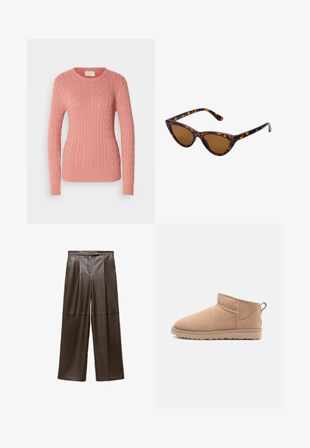 Knitwear cable dalam warna merah muda lembut, dengan leher bulat dan lengan panjang. Pola tekstur menambah kedalaman. Branding yang halus di dada.; Ruskeat nahkahaalarit, joissa on sileä pinta, etupuolella laskokset ja klassinen vyötärödesign.; Tan suede nilon kaki dengan ujung bulat, tekstur lembut, desain sederhana, dan sol karet profil rendah. Dilengkapi dengan tab tarik di belakang.; Kattöga solglasögon med en svart och orange sköldpaddsmönstrad båge, bruna linser och slanka, spetsiga spetsar. Har en minimal logotyp på skalmen.; Ruskea mokkanahkainen olkalaukku, jossa on teksturoidun pinnan yksityiskohtia, kultaketju korostuksena ja säädettävä nahkahihna. Varustettu vetoketjusuljennalla.