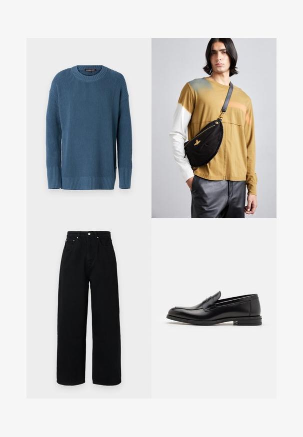 Maglione blu lavorato a maglia con collo tondo, maniche lunghe e polsini e orlo a coste. Presenta un motivo testurizzato e un'etichetta del logo di lato.; Pantaloni larghi neri realizzati in cotone, con vita alta, tasche frontali, bottone in tonalità argento e orlo pulito.; Mocassini neri in pelle con una texture liscia, punta arrotondata e una striscia decorativa sulla tomaia. Tacco basso impilato, design minimalista.; Vivienne Westwood CITY BUMBAG UNISEX - Marsupio - black