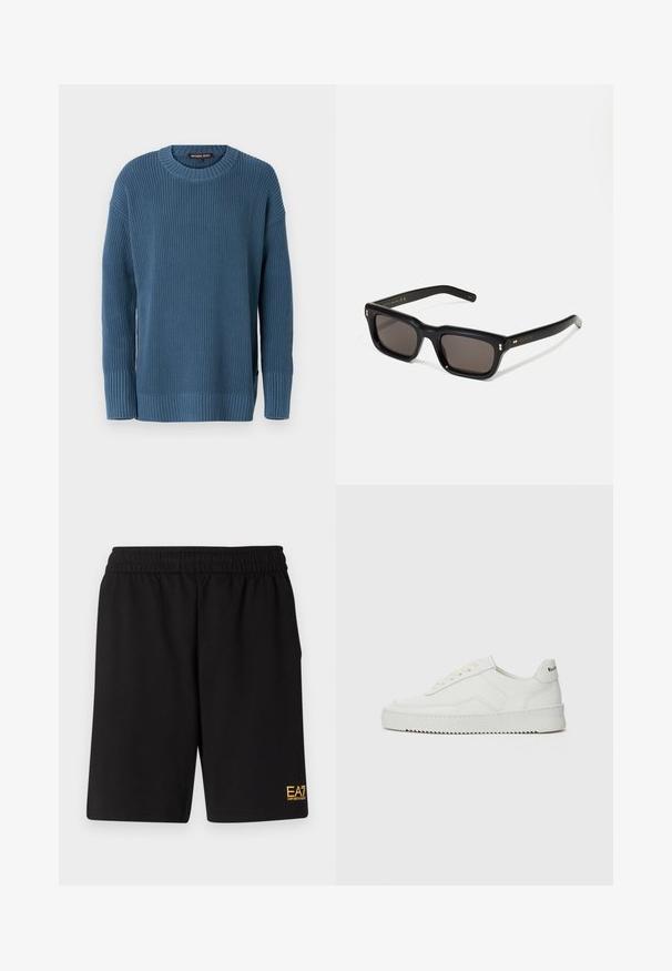 Blauwe gebreide trui met een ronde hals, lange mouwen en geribde manchetten en zoom. Heeft een gestructureerd patroon en een logo-label aan de zijkant.; Zwarte sportshorts van zacht materiaal, met een elastische tailleband en een klein geel EA7-logo op de onderste linkeronderbroek.; Witte leren sneaker met een gladde afwerking, ronde neus, platte veters en een gestructureerde zool. Kenmerkt zich door een subtiel logo op de hiel.; Zwarte rechthoekige zonnebril met donkere lenzen, een dik plastic montuur, gouden accenten op de veren en het merkembleem gegraveerd op de arm.