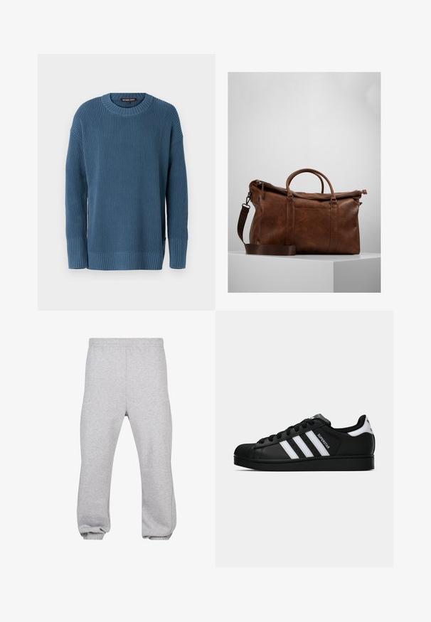 Blauer gestrickter Pullover mit Rundhalsausschnitt, langen Ärmeln sowie gerippten Bündchen und Saum. Verfügt über ein strukturiertes Muster und ein Logotag an der Seite.; Graue Sweatpants aus Baumwollmix mit einem elastischen Bund, schmal zulaufenden Beinen und gerippten Säumen. Einfaches Design ohne Muster.; Schwarzer Adidas Superstar Sneaker mit weißen Streifen, Schalenzehen und "Superstar"-Schriftzug an der Seite, im Seitenprofil auf weißem Hintergrund dargestellt.; Braune Leder-Duffel-Tasche mit Reißverschluss, doppelten Griffen, verstellbarem Schultergurt und sichtbaren Texturmuster auf der Oberfläche.