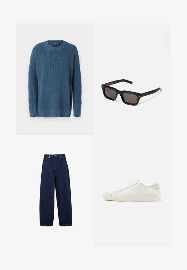 Pull en tricot bleu avec un col rond, des manches longues, et des poignets et un ourlet côtelés. Présente un motif texturé et une étiquette logo sur le côté.; Jean en denim bleu foncé à taille haute, coupe ample, avec poches avant et jambe droite. Comprend des éléments en métal argenté et des coutures minimales.; Baskets en cuir blanc avec une surface lisse, bout rond et design minimaliste. Présentent des accents beiges sur le talon et une semelle en caoutchouc.; Lunettes de soleil noires rectangulaires avec des verres foncés, monture en plastique épais, accents dorés sur les branches et logo de la marque gravé sur le bras.
