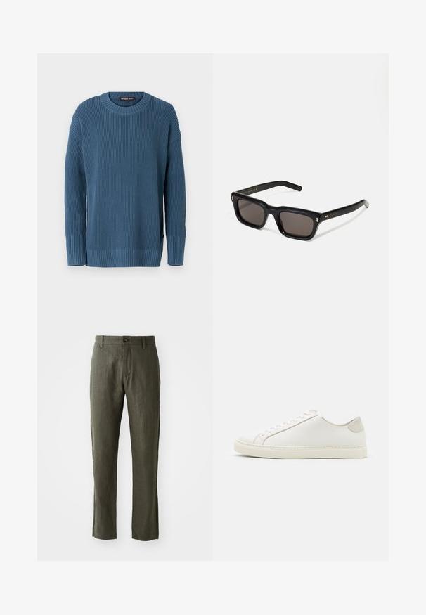 Modrá pletená svetr s okrúhlym výstrihom, dlhými rukávmi a rebrovanými manžetami a lemom. Obsahuje textúrovaný vzor a logo štítok na boku.; Olive zelené ľanové nohavice s rovný strihom, s predným zapínaním na gombík a bočnými vreckami. Materiál má textúrovaný vzhľad.; Biele kožené tenisky s hladkým povrchom, okrúlym špičkou a minimalistickým dizajnom. Obsahujú béžové akcenty na päte a gumovú podrážku.; Čierne obdĺžnikové slnečné okuliare s tmavými sklami, hrubým plastovým rámom, zlatými detailami na spánkoch a vygravírovaným logom značky na ramene.