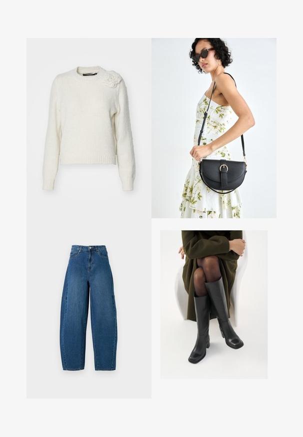 White knitted sweater with a round neckline, long sleeves, and a textured floral accent on the shoulder. Soft, cozy material.; Denim jeans in a medium blue wash, featuring a high waist, wide leg cut, and standard five-pocket design with visible stitching details.; Knee-high black leather boots with a squared toe and block heel, shown with a model seated in an olive green coat. Smooth texture, minimal detailing.; Black leather handbag with a curved shape, detachable strap, and gold hardware. The bag features a flap with a buckle detail.