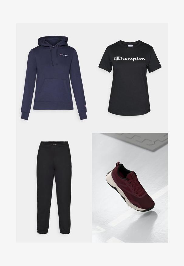 Felpa blu navy con tasca a marsupio, cappuccio con cordino e logo Champion in bianco a contrasto. Realizzata in tessuto morbido e strutturato.; T-shirt in cotone nero con maniche corte, scollo a giro e un grande logo bianco "Champion" stampato sul davanti.; Champion C-TECH CUFFED PANTS INTERLOCK - Pantaloni sportivi - black; Scarpa atletica color borgogna con tomaia in rete, dettagli neri e suola bianca ammortizzata. Presenta chiusura con lacci e una linguetta sul tallone.