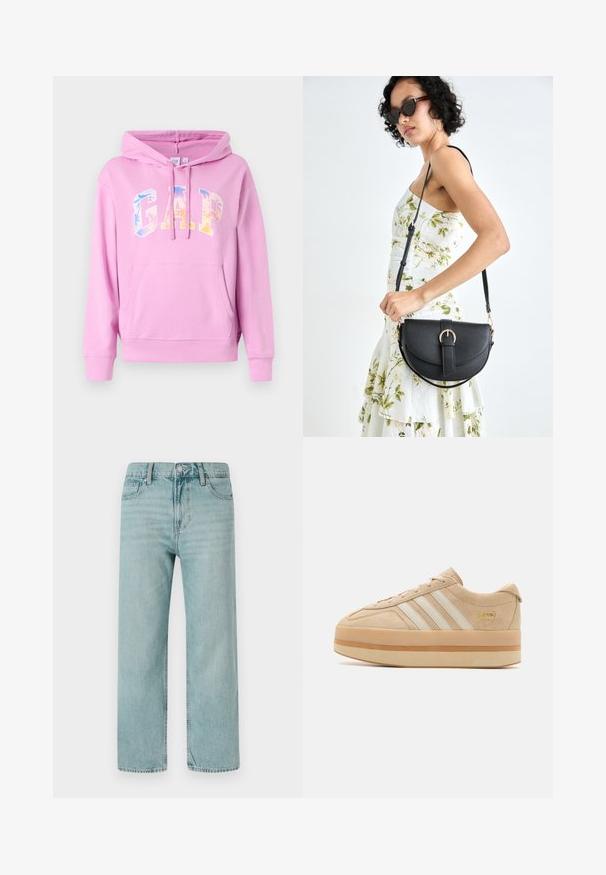 Felpa rosa con tasca frontale, cappuccio regolabile e logo "GAP" in gradiente di colori pastello. Texture liscia e polsini a coste.; Jeans a gamba larga di colore blu chiaro realizzati in denim, con un classico design a cinque tasche, linee pulite e una vita regolare con chiusura a bottone.; Sneakers platform in suede beige con tre strisce bianche, punta rotonda e suola in gomma beige con un accento di logo dorato di lato.; Borsa a tracolla nera in pelle con una forma curva, manico rimovibile e accessori dorati. La borsa presenta una patta con un dettaglio a fibbia.