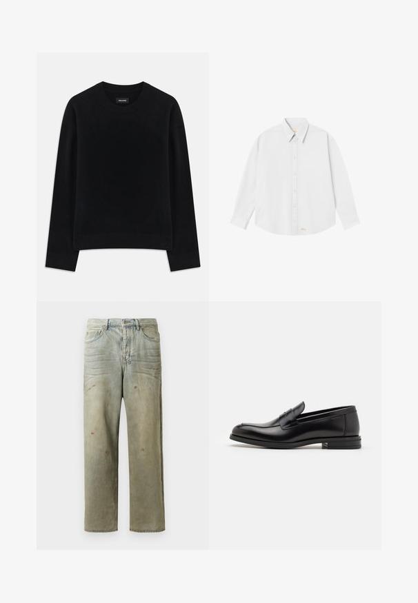 Melns džemperis, izgatavots no mīkstas auduma, ar apaļu kakla izgriezumu, garām piedurknēm, brīvu siluetu un ribotu apakšmalu. Vienkāršs, vienkrāsains dizains bez rakstiem.; Balta krekla ar pogām ar klasisko apkakli, garām piedurknēm un noapaļotu apakšmalu; lejas kreisajā stūrī ir neliels oranžs logs.; Izsistās džinsās gaisā zaļā krāsā, ar taisnu kāju, piecu kabatu dizainu un nevienmērīgu izbalēšanu, kā arī krāsas šļakatas.; Melnas ādas kurpes ar gludu tekstūru, noapaļu purngalu un dekoratīvu siksniņu pāri priekšpusei. Zems sakrauts papēdis, minimālisma dizains.