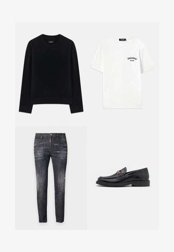 Čierny sveter vyrobený z mäkkej látky, s okrúhlym výstrihom, dlhými rukávmi, uvoľneným strihom a rebrovaným lemom. Jednoduchý, jednofarebný dizajn bez vzorov.; Biela bavlnená tričko s okrúhlym výstrihom, krátkymi rukávmi a čiernym vyšívaným logom s nápisom "DSQUARED2 MILANO" na ľavej hrudi.; Tmavošedé džíny s slim fit strihom, jemným vyblednutím, opotrebovaním na stehnách, piatimi vreckami a kontrastným červeným detailom na štítku.; Čierne kožené loafers so zaoblenou špičkou, s pozlátenými kovovými prvkami a detailným šitím, uložené na nízkej, textúrovanej gumenej podrážke.