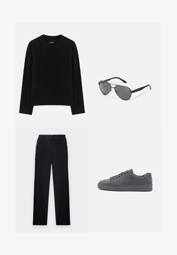 Sweater preto feito de tecido macio, com gola redonda, mangas longas, ajuste descontraído e bainha canelada. Design simples e sólido, sem padrões.; Calças pretas com um tecido leve e texturizado, design de pernas retas, cintura elástica e bolsos laterais com fecho.; Sapatilhas de camurça cinza com um design de cano baixo, bico redondo, frente com atacadores e sola de borracha texturizada. Estilo minimalista com uma marca discreta no calcanhar.; Óculos de sol aviador pretos com lentes escuras, armação fina em metal e hastes elegantes em plástico com detalhes de logótipo.