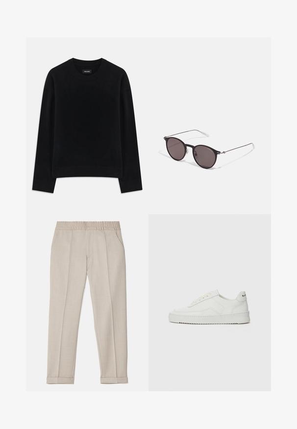 Schwarzer Pullover aus weichem Material, mit Rundhalsausschnitt, langen Ärmeln, lockerer Passform und geripptem Saum. Einfaches, einfarbiges Design ohne Muster.; Filippa K TERRY CROPPED TROUSERS - Stoffhose - sage melange; Weiße Ledersneaker mit glatter Oberfläche, runder Zehenpartie, flachen Schnürsenkeln und strukturiertem Sohlenprofil. Mit einem dezenten Logo an der Ferse.; Schwarze runde Sonnenbrille mit dunklen Gläsern und schlanken Metallbügeln. Enthält klare Tempelspitzen und silberne Akzente am Scharnier. Minimalistisches Design.