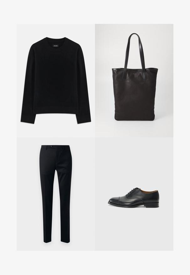 Black sweater made of soft fabric, featuring a crew neck, long sleeves, relaxed fit, and ribbed hem. Simple, solid design with no patterns.; Black dress pants featuring a smooth fabric, tapered leg design, single button closure, and side pockets for utility.; Black leather dress shoe with a smooth finish, rounded toe, five eyelets for laces, and low block heel. Minimalist design with subtle stitching.; Black canvas tote bag with black leather handles. Simple design, spacious body, and a smooth texture. No visible logos or patterns.