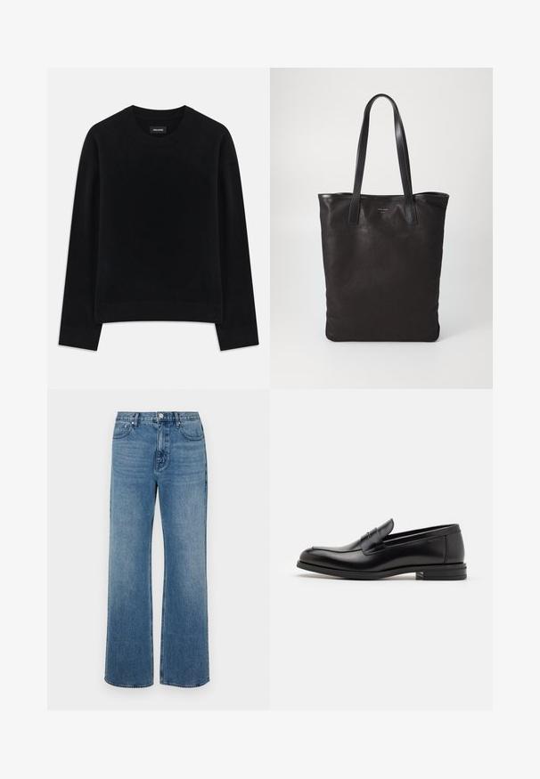 Pull noir en tissu doux, à col rond, à manches longues, avec une coupe décontractée et un ourlet côtelé. Design simple et uni, sans motifs.; Jean bleu à jambes larges en denim avec une finition délavée. Comprend cinq poches, une fermeture à bouton à l'avant et une coupe droite.; Mocassins en cuir noir avec une texture lisse, bout rond et une sangle décorative sur le dessus. Talon bas empilé, design minimaliste.; Sac fourre-tout en toile noire avec des poignées en cuir noir. Design simple, corps spacieux et texture lisse. Pas de logos ou motifs visibles.