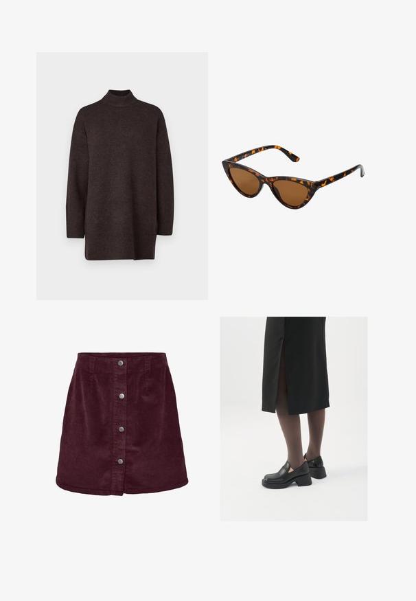 Dunkelbrauner Pullover mit hohem Kragen, entspannter Passform, langen Ärmeln, gerippten Bündchen und Saum. Weiche Textur und minimalistische Details.; Burgunderfarbene Kordmini mit A-Linien-Form, ausgestattet mit fünf silbernen Knöpfen an der Vorderseite und einer subtilen gerippten Textur.; Schwarze Lederschuhe mit abgerundetem Zeh, dicker Blockabsatz und elastischen seitlichen Akzenten, kombiniert mit dunklen Strumpfhosen und einem schwarzen Rock mit Schlitz.; Katzenaugen-Sonnenbrille mit einem schwarz-orangenen Schildpattrahmen, braunen Gläsern und schlanken, spitzen Enden. Verfügt über ein minimalistisches Logo am Bügel.