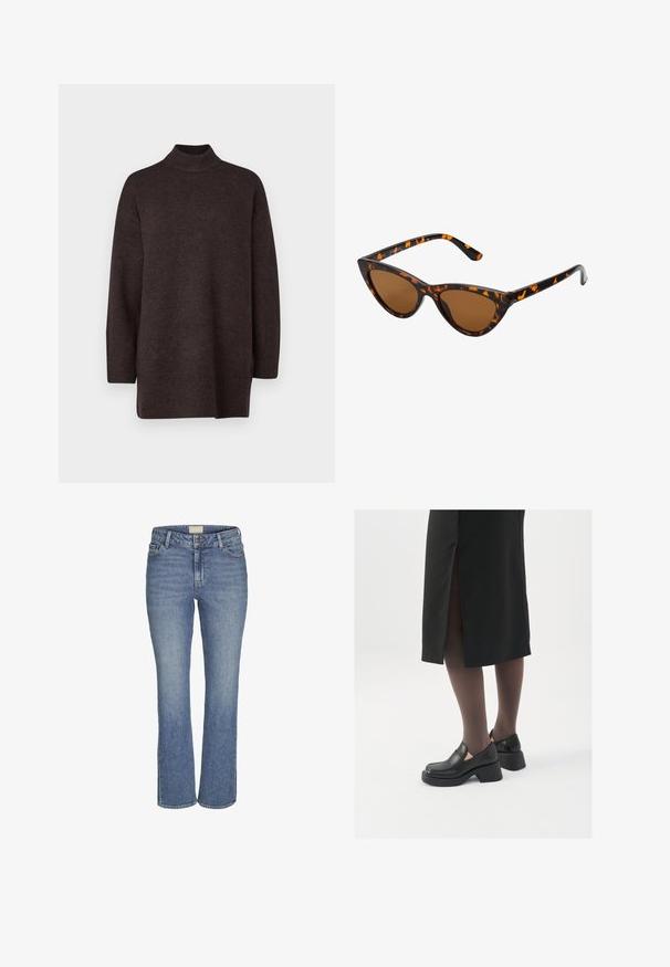 Tamsiai rudas, aukštu kaklu megztinis su laisvu siluetu, ilgomis rankovėmis, raukinių ant rankovių ir apvado. Minkšta tekstūra ir minimalus detalizavimas.; Vidutinio mėlynumo tiesių kojų džinsai su priekiniais mygtuko ir užtrauktuko uždarymais, diržo kilpomis ir priekinėmis bei užpakalinėmis kišenėmis.; Juodos odinės bateliai su apvaliu nosiu, stora blokine pakulne ir elastingais šonais, derinami su tamsiomis pėdkelnėmis ir juoda sijonu su plyšiu.; Katės akies saulės akiniai su juodu ir oranžiniu šarvuotu rėmeliu, ruda objektyvu ir elegantiškais, smailiais galiukais. Rėmelyje yra minimalus logotipas ant šventės.; Mažas kreminis rankinukas su tekstūruotu paviršiumi, ilga reguliuojama juostele, grandinėle ir užsegimu su atvartu. Aukso detalės.