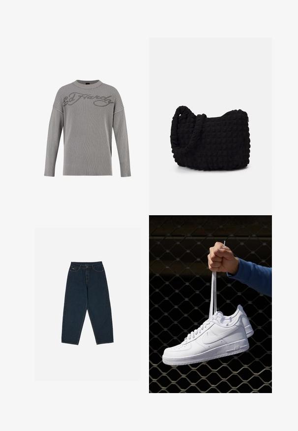 Grå ribbet striktrøje med rund halsudskæring, drop shoulders og en struktureret overflade. Har "Ed Hardy" logoet i mørkere grå over fronten.; Mørkeblå højtaljede jeans med afslappet pasform, udstyret med fem lommer og knaplukning. Fremstillet af denim med en glat overflade.; Hvide lædersneakers med perforeringer, rund tå, flad sål og tykke snørebånd, med et synligt swoosh-logo og "AIR" på hælen.; Sort stofpose med en struktureret, quilted mønster. Rund form, korte, tykke håndtag, og en blød, fleksibel struktur.
