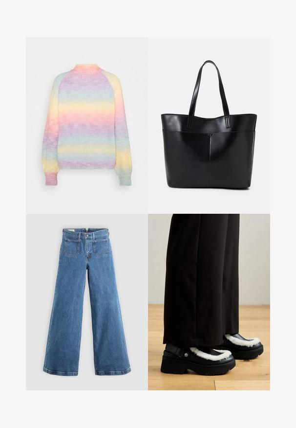 Strikkegenser med høy hals, med pastellstripete design i rosa, gul, lavendel og lys blå. Myk tekstur, ribbede mansjetter og nederkant.; Blå høytlivs, vide jeans med frontlommepunkter, beltehemper, knappelukking og glidelås foran på en ensfarget bakgrunn.; Sorte platå-sko har en hvit, pelskant, rund tå og stropp med en metallknapp. Brukt med svarte bukser på et tregulv.; Svart lær toteveske med to lange håndtak, en glatt tekstur og en strukturert form. Har en frontlomme for ekstra oppbevaring.
