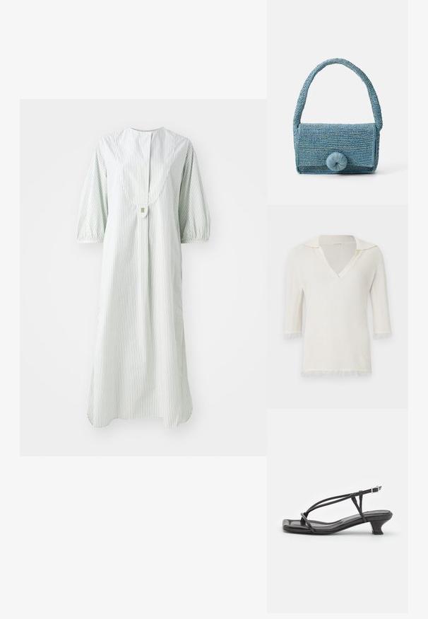 Maglione bianco lavorato a maglia con scollo a V e maniche corte. Presenta un colletto e leggeri frange testurizzate agli estremi delle maniche e all'orlo.; Abito a righe in verde chiaro e bianco, con scollo rotondo, maniche a palloncino corte e chiusura con bottoni sul retro.; Sandalo in pelle nera con cinturini sottili, tacco basso a blocco e punta quadrata. Presenta una chiusura con fibbia e una superficie liscia.; Borsa blu intrecciata con superficie texturizzata, forma rettangolare, manico corto e un grande dettaglio di chiusura rotonda sul davanti.