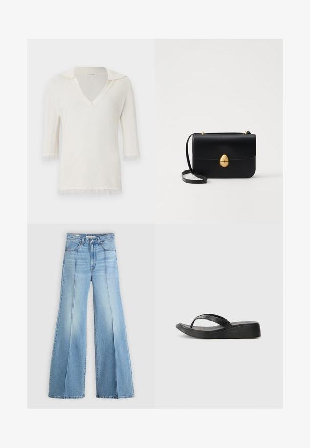 Witte gebreide top met een V-hals en korte mouwen. Heeft een kraag en lichte, textuurfranje aan de uiteinden van de mouwen en de zoom.; Lichtblauwe high-waisted jeans met wijde pijpen, voor- en achterzakken, riemlussen en verticale naaddetails aan de voorkant.; Zwarte flip-flops met rubberen banden en een gestructureerde zool. Heeft een lichte plateau en een comfortabele, gevormde design. Merkennaam is geëmbosseerd.; Zwarte leren handtas met een gestructureerde rechthoekige vorm. Voorzien van een gouden ovale sluiting en een dunne schouderband. Glad van textuur.