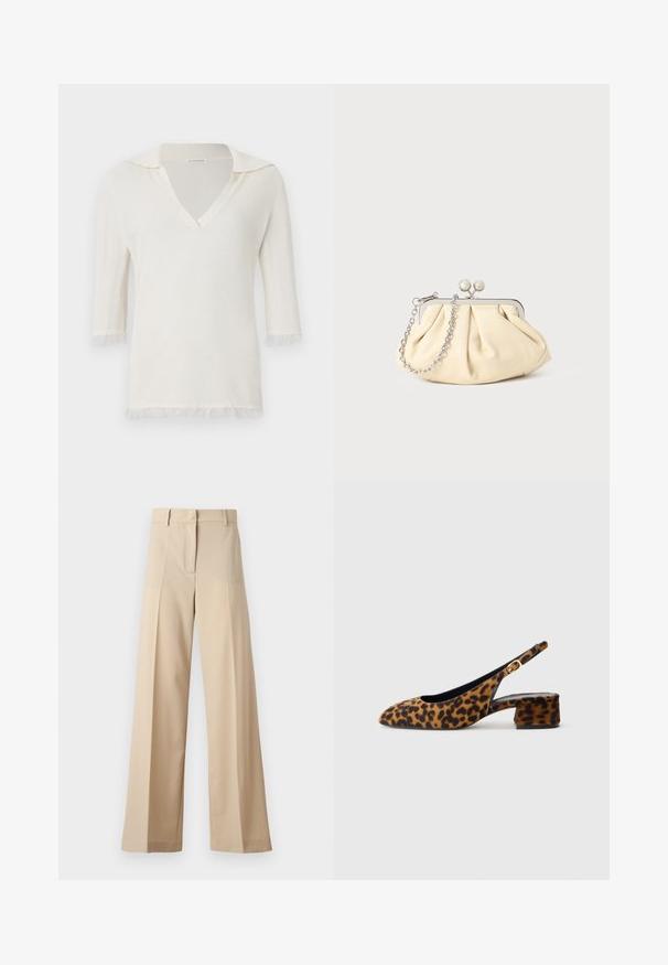 Balti adīta blūze ar V veida kaklu un īsām piedurknēm. Iezīmējas ar apkakli un viegliem, teksturātiem auskariem piedurkņu malās un apakšejā malā.; Bēža platā kāju bikses, izgatavotas no gludas auduma, ar plakanu priekšpusi un krokām, ar rāvējslēdzēja aizdari un jostu cilpām. Visā garumā pielāgota piegriezuma.; Sieviešu leopardu raksta siksniņu kurpes ar zemu bloku papēdi un zelta sprādzi sānu siksniņā, attēlotas sānu profilā uz vienkārša fona.; Rūpīgi pleatota bežīga ādas somiņa ar sudraba metāla rāmi, kurai ir divas apaļas dekoratīvas sprādzes un sudraba ķēdes siksna.