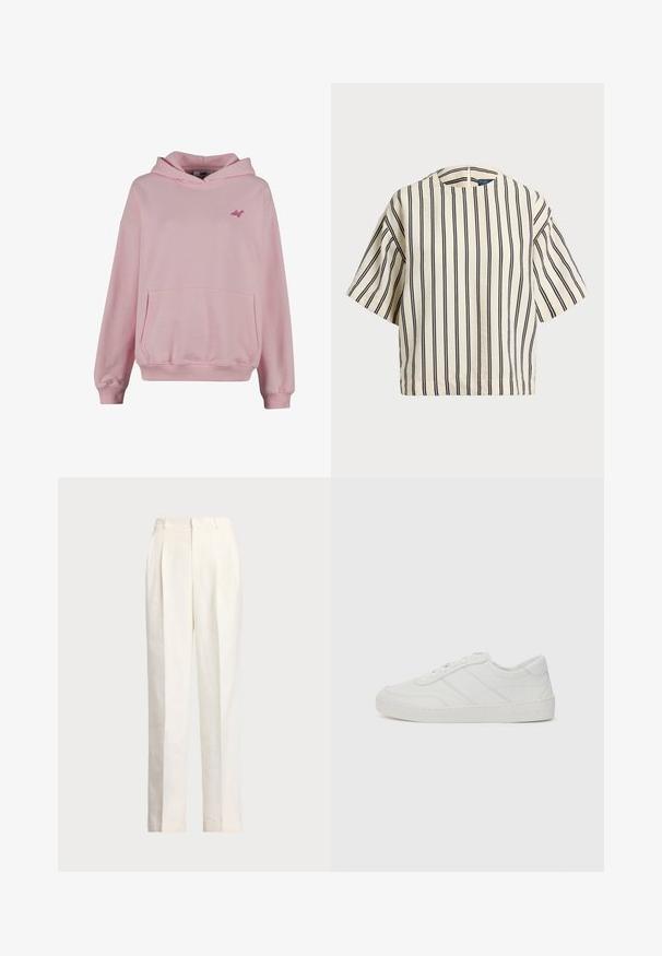 Haut à capuche rose en tissu doux avec une poche avant, des poignets côtelés et un petit logo sur la poitrine. Présente un design classique à enfiler.; T-shirt à manches courtes, rayé crème et marine, présentant un col rond et un design boxy avec un tissu texturé.; Polo Ralph Lauren HEMP WIDE LEG PANT - Pantalon classique - nevis; Baskets en cuir blanc avec lacets plats, bout rond et détails de couture subtils. Caractéristiques d'une semelle texturée et d'un logo de marque embossé au niveau du talon.