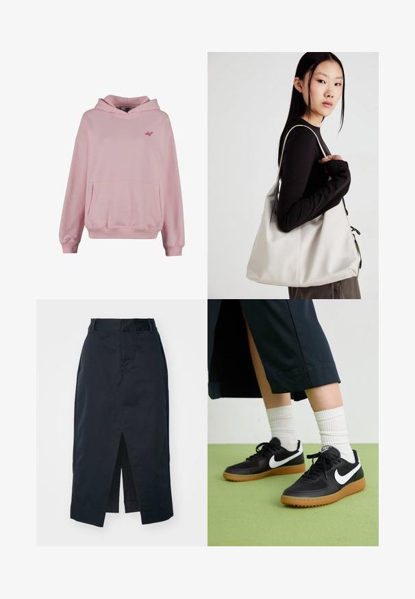 Roze hoodie van zacht materiaal met een voorzak, ribbelmanchetten en een klein logo op de borst. Heeft een klassieke pulloverontwerp.; Donker marineblauwe midi-rok van een katoenmix, met een valse split, verborgen rits en zijzakken voor functionaliteit.; Zwarte leren en synthetische sneakers met witte Nike swoosh, rubberen gumzool, ronde neus en zwarte veters. Geribbelde witte sokken zichtbaar.; Beige handtas gemaakt van zacht materiaal, met een slonzig ontwerp, gestikte details en twee schouderbanden. Geschikt voor dagelijks gebruik.