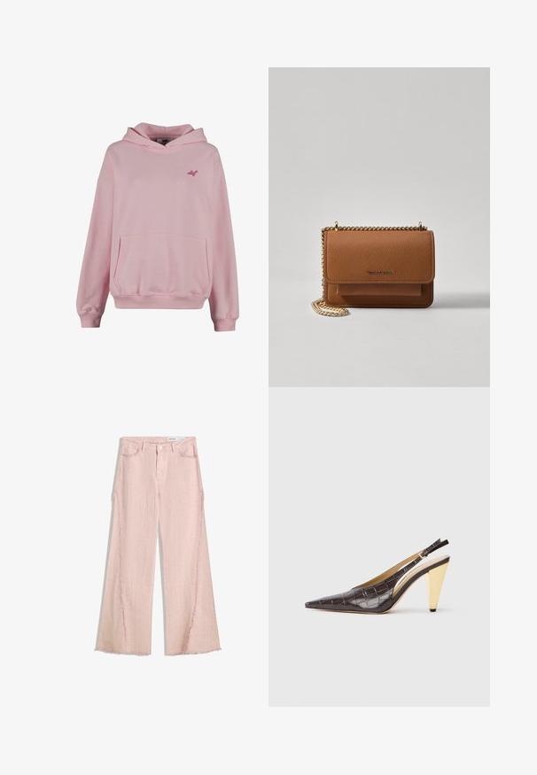 Rosa Kapuzenpullover aus weichem Stoff mit einer Fronttasche, gerippten Bündchen und einem kleinen Logo auf der Brust. Verfügt über ein klassisches Pullover-Design.; Hellrosa weit geschnittene Jeans mit strukturierter Oberfläche, fransigem Saum und Fünf-Taschen-Design. Verfügt über einen Knopfverschluss und Gürtelschlaufen.; Spitz zulaufender Slingback-Absatzschuh aus glänzendem, dunkelbraunem Kunstcrocodilleder. Verfügt über einen goldfarbenen geometrischen Absatz und einen verstellbaren Knöchelriemen.; Braune strukturierte Ledertasche mit goldener Kettenriemen und Klappenverschluss. Die Vorderseite zeigt ein Logo-Detail und eine Tasche unter der Klappe.