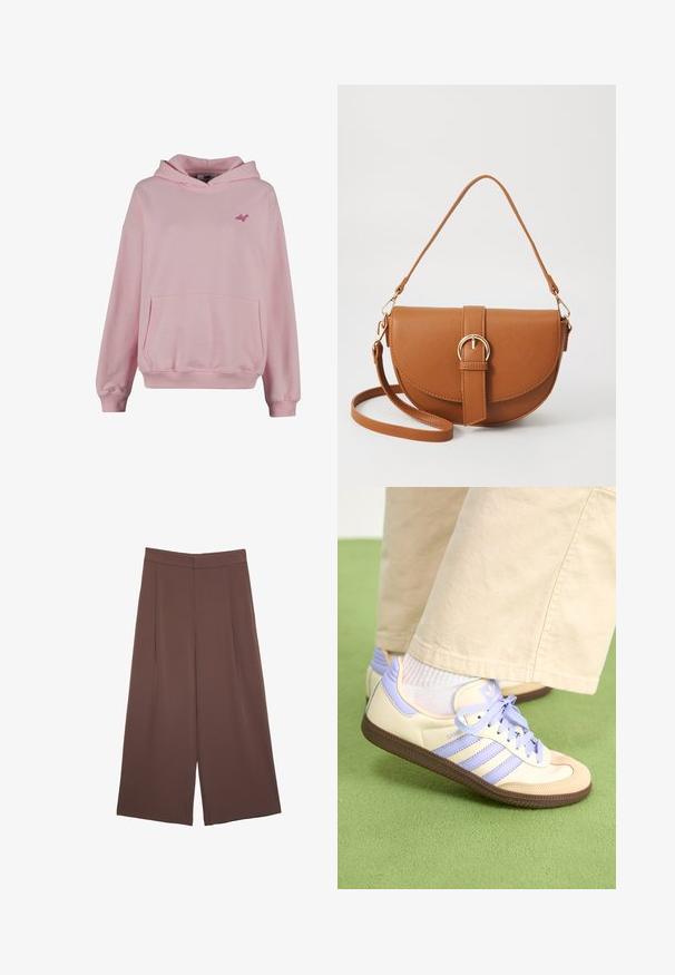 Lyserød hættebluse lavet af blødt stof med en forlomme, ribbede manchetter og et lille logo på brystet. Har et klassisk pullover-design.; Brune bredbunde bukser med en glat tekstur, der har høj talje og plisseringer foran. Stoffet er let og falder løst.; Creme og lavendel sneakers med tre striber og en tekstureret brun sål, der har snørebånd og en polstret hæl. Blødt stof øvre.; Brun læder crossbody taske med en buet form, guldfarvet hardware og en spændeaccent. Har en aftagelig skulderrem.