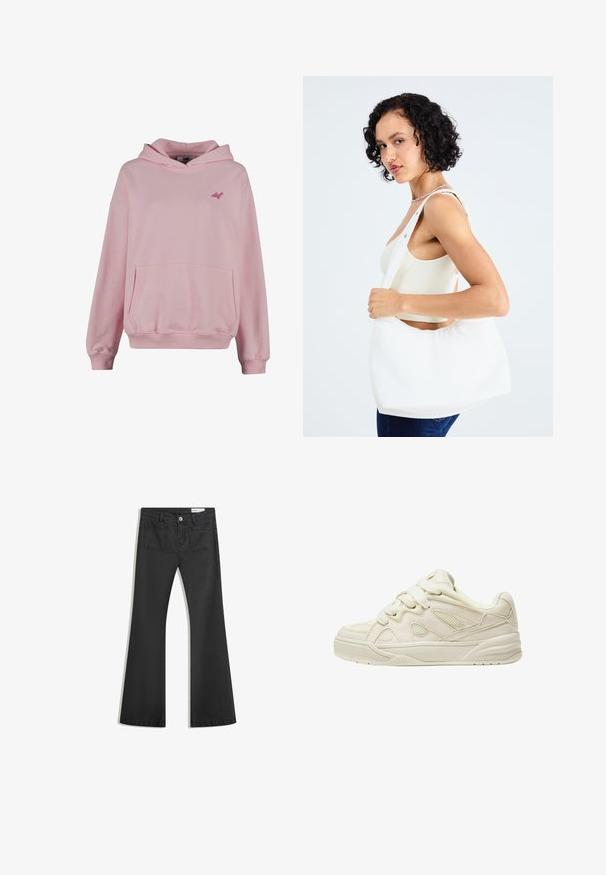 Růžová mikina vyrobená z měkké látky s přední kapsou, žebrovanými manžetami a malým logem na hrudi. Má klasický design na pulovr.; Černé rozšířené džíny vyrobené z jemného džínsového materiálu, se dvěma zadními kapsami a zapínáním na knoflík v pase.; Beige tenisky s texturovaným svrškem, výraznými tkaničkami, síťovinovými panely a silnou podrážkou. Zakřivený design s měkkým límcem pro pohodlí.; Bílá kabelka přes rameno vyrobená z hladkého materiálu, s oválným výřezem a širokým designem popruhu. Jednoduchá a moderní, bez viditelného hardwaru.