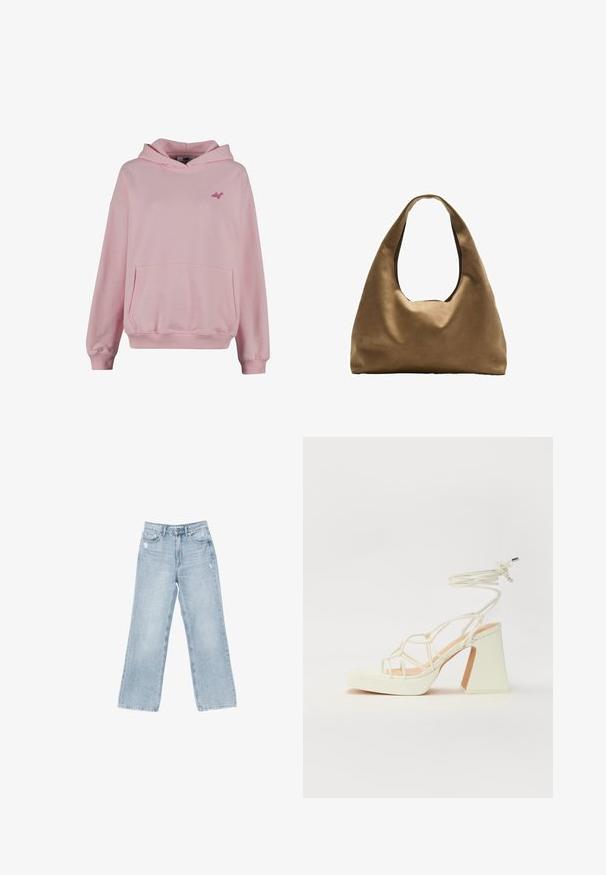 Różowa bluza z kapturem wykonana z miękkiego materiału, z kieszenią z przodu, ściągaczami u rękawów i małym logo na klatce piersiowej. Posiada klasyczny design w formie przez głowę.; Jasnoniebieskie dżinsy o szerokim kroju, z wystrzępieniami, pięcioma kieszeniami oraz zapięciem na zamek błyskawiczny.; Biała sandał na wysokim obcasie z masywnym słupkiem, z paskowym wzorem i wiązaniem przy kostce. Gładka faktura z platformą z przodu dla dodatkowej wysokości.; Brązowa torba na ramię z szerokim, zaokrąglonym kształtem i dużym wyciętym uchwytem. Miękka tekstura, minimalistyczny design i brak widocznych elementów metalowych.