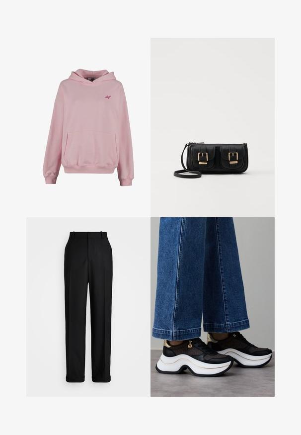 Felpa rosa realizzata in morbido tessuto con tasca frontale, polsini a coste e un piccolo logo sul petto. Presenta un design classico a pullover.; Polo Ralph Lauren HIGH RISE RELAXED STRAIGHT TROUSER - Pantaloni - black; Sneakers nere e oro con suola bianca curva. Tessuto strutturato con accenti di logo. Abbinati a pantaloni di jeans larghi blu.; Borsa a tracolla nera in pelle con due tasche frontali, fibbie dorate, chiusura con zip e una tracolla sottile. Superficie texturizzata e forma rettangolare compatta.