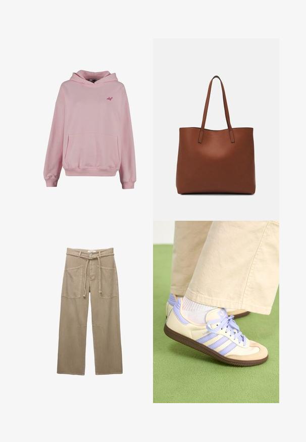 Hanorac roz confecționat dintr-un material moale, cu un buzunar frontal, manșete cu zimți și un mic logo pe piept. Are un design clasic de tip pullover.; Pantaloni largi bej, confecționați dintr-un material durabil, având buzunare mari în față, o curea împletită și detalii subtile de cusătură.; Adidași crem și lavandă cu trei dungi și o talpă texturată maro, având șireturi și un călcâi căptușit. Superior din material moale.; Geantă de umăr din piele maro cu o textură netedă, design cu vârf deschis și două curele pentru umăr. Prezintă cusături minime și fără componente metalice vizibile.