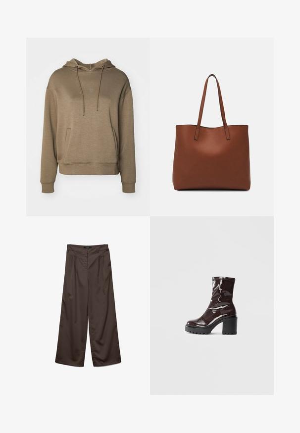 MSCH Copenhagen ICON - Sweat à capuche - walnut; Pantalons à jambes larges en tissu marron foncé avec une texture lisse. Les caractéristiques comprennent des plis à l'avant et une taille standard.; Bottines bordeaux brillantes à talon épais noir, avec une texture lisse et un design simple. Aucune fermeture visible ni motifs.; Sac fourre-tout en cuir marron avec une texture lisse, design à ouverture supérieure et deux poignées pour le porter à l'épaule. Présente des coutures minimales et aucun matériel visible.