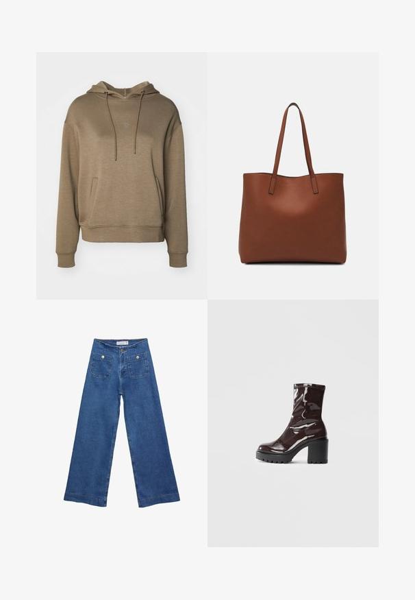 MSCH Copenhagen ICON - Kapuzenpullover - walnut; Denim-Hosen im weiten Schnitt mit einer mittleren blauen Waschung, zwei Vordertaschen mit Knopfverschluss und genähten Details entlang der Säume.; Glatte bordeauxrote Ankle Boots mit einem klobigen schwarzen Absatz, die eine glatte Oberfläche und ein einfaches Design aufweisen. Keine sichtbaren Verschlüsse oder Muster.; Braune Leder-Tote mit glatter Textur, offenem Oberteil und zwei Schulterriemen. Verfügt über minimale Nähte und keine sichtbaren Beschläge.
