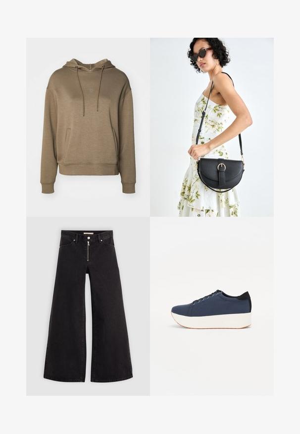 MSCH Copenhagen ICON - Sweat à capuche - walnut; Jean large en denim noir avec une fermeture éclair à l'avant, un design à cinq poches et des détails de couture subtils. Texture lisse et style décontracté.; Baskets bleu marine avec un upper en tissu texturé, semelle plateforme blanche, bout arrondi et accent noir au talon. Dispose de six œillets pour les lacets.; Sac à main en cuir noir avec une forme courbée, bandoulière amovible et des accessoires en or. Le sac est doté d'un rabat avec un détail de boucle.