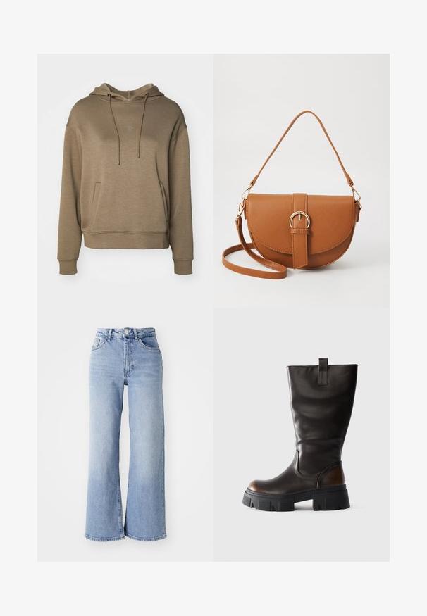 MSCH Copenhagen ICON - Huppari - walnut; Vaaleansiniset korkeavyötäröiset leveälahkeiset farkut, joissa on etu- ja takataskut, nappikiinnitys ja hillitty haalistuminen reisissä ja helmassa.; Pitkä musta nahkasaapas, jossa on paksu musta pohja ja ruskea yksityiskohta kannassa, sivunäkemys vaaleanharmaalla taustalla.; Ruskean nahkainen olkalaukku, jossa on kaareva muoto, kultaiset yksityiskohdat ja solkiyksityiskohta. Varustettu irrotettavalla olkahihnalla.