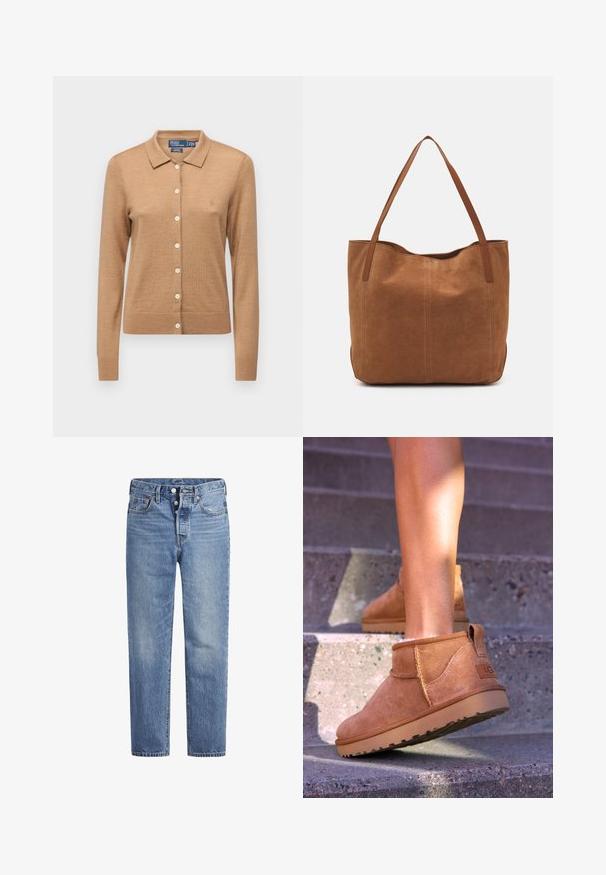 Lys brun cardigan med polo krage, lange ermer og knappeåpning. Laget av mykt materiale, med en liten logo på brystet.; Lyseblå denimjeans med rett snitt, fem-lomme design og knappeåpning. Har subtile falminger og oransje sømdetaljer.; Brune sued støvletter til ankelen med en myk tekstur, sydet detaljer og gummisåle, med en løkket hæl for enkel påkledning.; Brun semsketotebag med to lange håndtak, som har en glatt tekstur, enkelt design, og ingen synlig maskinvare eller aksenter.