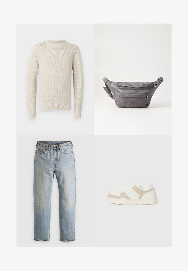 Cream-colored knit sweater with a ribbed texture, round neckline, and long sleeves. Features a loose fit and elastic cuffs and hem.; Light blue denim jeans with high waist, front button, zipper, and five-pocket design, laid flat on a neutral background.; White and beige sneaker featuring a combination of smooth and suede textures, round toe, lace-up closure, and a flat rubber sole.; Gray suede fanny pack with a rounded shape, two zippered compartments, and adjustable strap. Features metal hardware accents.