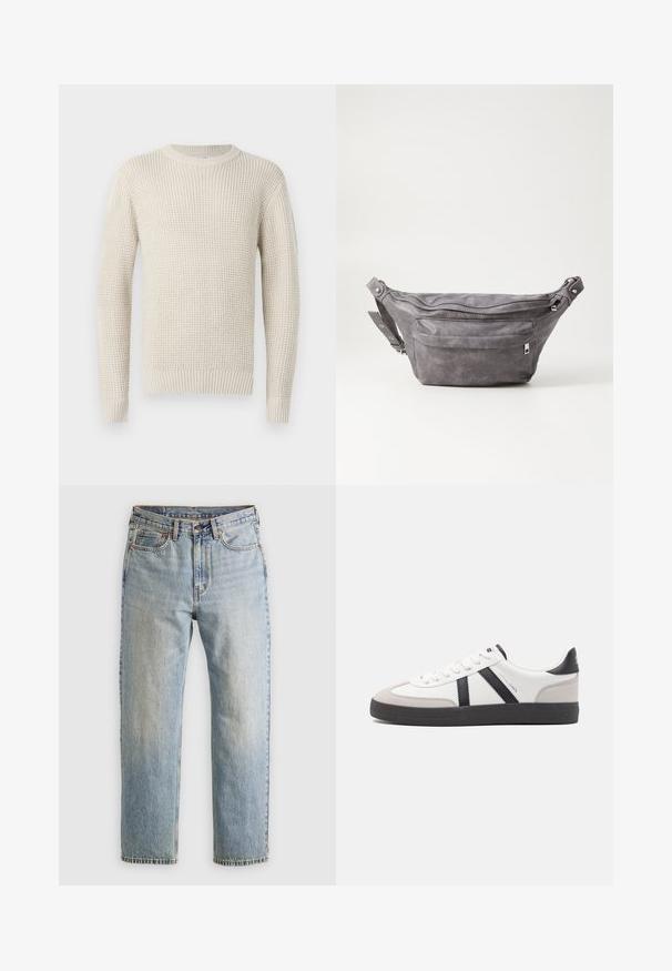 Pull en tricot de couleur crème avec une texture côtelée, col rond et manches longues. Présente une coupe ample et des poignets et un ourlet élastiques.; Jean en denim bleu clair à taille haute, avec bouton avant, fermeture éclair et design à cinq poches, posé à plat sur un fond neutre.; Baskets blanches avec des accents noirs et gris, présentant un embout texturé gris, une semelle en caoutchouc noir et des lacets plats blancs. Design épuré, style minimaliste.; Sac banane en suède gris avec une forme arrondie, deux compartiments zippés et une sangle réglable. Comprend des accents en métal.