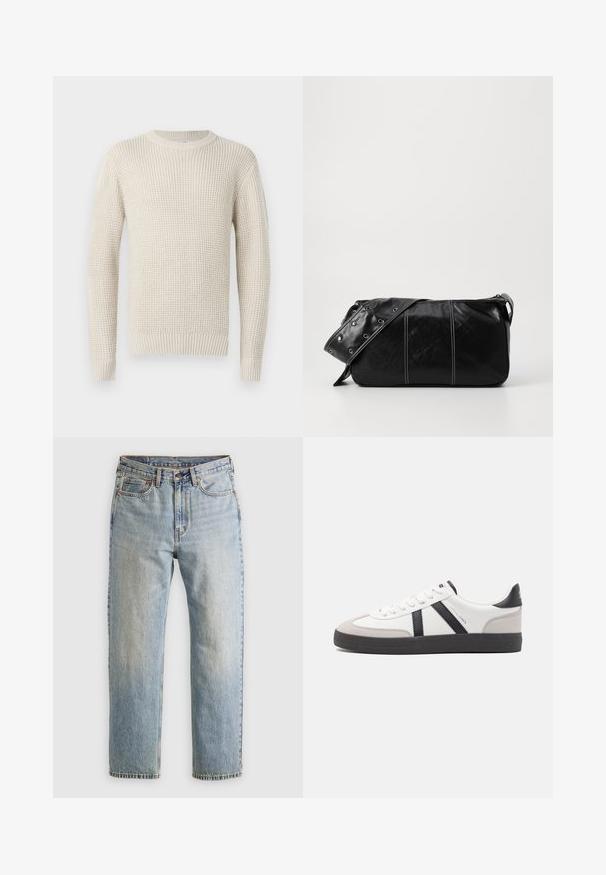 Cremefarbener Strickpullover mit geripptem Muster, rundem Ausschnitt und langen Ärmeln. Besitzt eine lässige Passform sowie elastische Bündchen und Saum.; Helle blaue Jeans mit hoher Taille, Frontknopf, Reißverschluss und fünf Taschen-Design, flach auf einem neutralen Hintergrund ausgelegt.; Weiße Sneaker mit schwarz- und grau-aczenten, ausgestattet mit einer strukturierten grauen Zehenkappe, schwarzer Gummi-Sohle und flachen weißen Schnürsenkeln. Sauberes Design, minimalistische Stil.; Schwarze Leder Schultertasche mit Reißverschluss, ausgestattet mit einer strukturierten Oberfläche, weißen Nähten und einem Tragegurt mit silbernen Ösen.