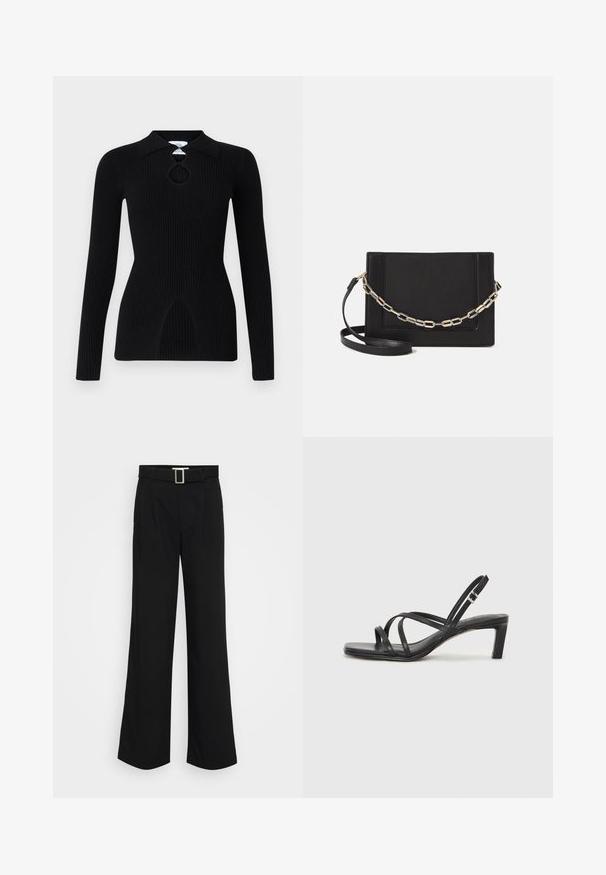 Black ribbed long-sleeve top with a collared neckline and a keyhole cutout detail at the chest. Features fitted silhouette and a curved hem.; Black wide-leg trousers made of lightweight fabric, featuring a smooth texture, front pleats, and a belt with a square metal buckle.; Black strappy sandal with a square toe and a low block heel. Features multiple thin straps and an adjustable ankle strap. Made of smooth leather.; Black leather crossbody bag featuring a smooth texture, rectangular shape, and a metallic chain detail on the front. Adjustable strap included.; Silver double-band ring with a smooth, polished surface. Features a fluid, curved design with overlapping sections for a modern look.