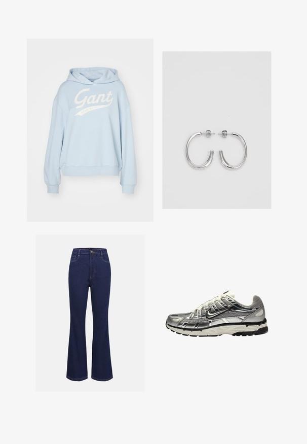 GANT SCRIPT GRAPHIC HOODIE - Športni pulover - toy blue; Temno modri kavbojasti široki hlače z visokim pasom, standardno zapiranje na gumb in sprednjimi žepi. Imajo kontrastne šive in gladko teksturo.; Srebrna in črna športna obutev z mrežastim in sintetičnim zgornjim delom, prostornim dizajnom in teksturiranim zaključkom. Ima podložen ovratnik in gumijast podplat.; Srebrne obročaste uhane z gladko, sijočo površino. Zaobljena oblika, lahka zasnova, z zapiranjem na zatič.