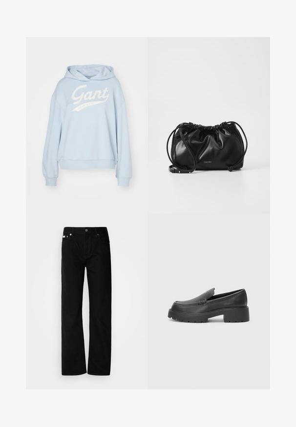 GANT SCRIPT GRAPHIC HOODIE - Sweatshirt - toy blue; Schwarze Denim-Hosen mit geradem Bein, fünf Taschen, silbernen Nieten und einem Knopfverschluss. Der Stoff hat eine glatte, leicht strukturierte Oberfläche.; Schwarze Lederloafer mit einer abgerundeten Spitze, dicker strukturierten Laufsohle und minimalen Nähten. Schlankes Design ohne sichtbare Schnürsenkel oder Beschläge.; Schwarze Lederhandtasche mit gerafftem Design, doppeltem Kordelzugverschluss und abnehmbarem Schulterriemen. Mit metallic Logo-Details.