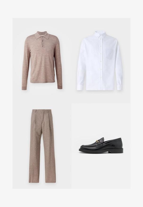 Pruun pika varrukaga polo särk, mis on valmistatud pehmest kangast, millel on krae, kolm nuppu ja soonikkoes mansetid, sujuva tekstuuri ja peene mustriga.; Valge pikamaa varrukatega nööbiga särk, mis on valmistatud puuvillast ja millel on rinna tasku toon-toonis brodeeringuga, krae ja nööbiga mansetid.; Prunnid, kõrge vöökohaga püksid, mis on valmistatud tekstureeritud kangast. Omavad laiu jalgu ja kahte eesmist voldikut struktuuri jaoks. Korralik viimistlus, ilma nähtava riistvarata.; Mustad nahast loafers ümarate varvastega, millel on kuldne riistvaraline aksessuaar ja tikandite detail, paigutatud madalale, tekstureeritud kummist tallale.