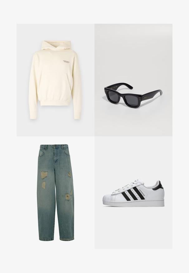 Crème-kleurige hoodie met een voorste kangaroo zak, verstelbare trekkoordkap en logodetail geborduurd op de borst. Zachte stof.; Lichtblauwe denim jeans met een relaxte pasvorm, featuring meerdere versleten plekken en rafelige randen. Klassiek vijf-pocket ontwerp.; Witte Adidas Superstar sneaker met zwarte strepen, schelpneus en de tekst "Superstar" op de zijkant, weergegeven in linkse profiel op een witte achtergrond.; Zwarte zonnebril met een glanzende afwerking, rechthoekig frame, donkere lenzen en gouden logo-accenten op de pootjes. Twee gouden stippen op elke voorkant hoek.