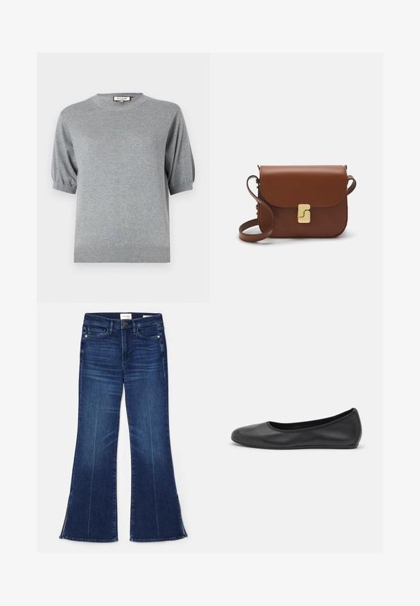 Pull court gris en tricot à manches courtes, avec un col rond et des détails de poignet élastiques. Ourlet côtelé pour finir le design. Matériau doux et léger.; T-shirt blanc à manches courtes en tissu côtelé. Col rond, coupe régulière et détails de couture subtils. Aucune motif ni graphique.; Jean évasé bleu foncé en denim. Il présente une taille haute, des poches avant et des fentes au bas. Design classique à cinq poches.; Ballerines en cuir noir avec un bout rond, texture lisse, détails de couture minimalistes et design de semelle flexible.; Sac à main en cuir marron avec une fermeture à rabat, des accents en métal doré, une bandoulière et une texture lisse. Forme rectangulaire compacte.