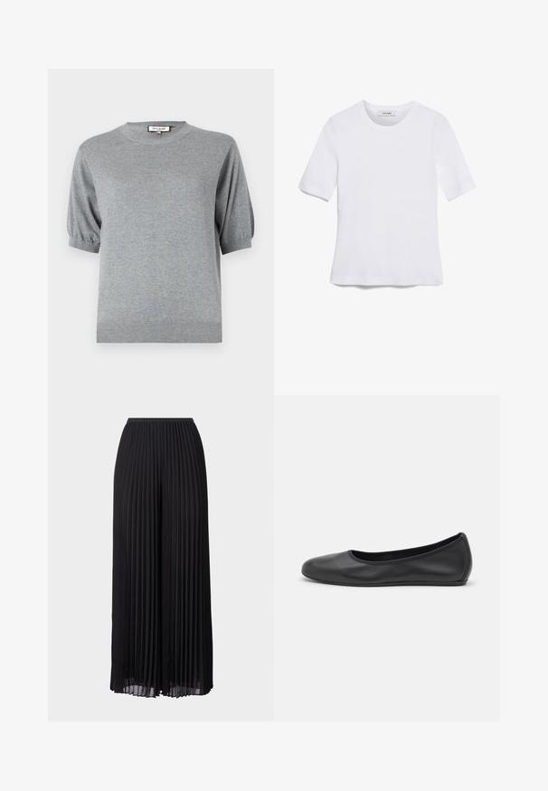Pull court gris en tricot à manches courtes, avec un col rond et des détails de poignet élastiques. Ourlet côtelé pour finir le design. Matériau doux et léger.; T-shirt blanc à manches courtes en tissu côtelé. Col rond, coupe régulière et détails de couture subtils. Aucune motif ni graphique.; Pantalons larges à plis noirs avec une taille élastique. Fabriqués en tissu léger, avec des plis verticaux sur toute la surface.; Ballerines en cuir noir avec un bout rond, texture lisse, détails de couture minimalistes et design de semelle flexible.